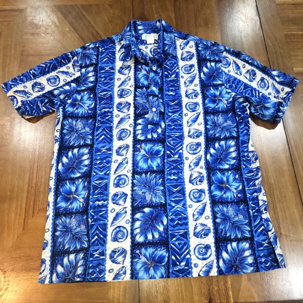 Kole Kole Kolekole Hawaiian Shirt XL Blue Pullover Flower Sea Shell Aloha Surf